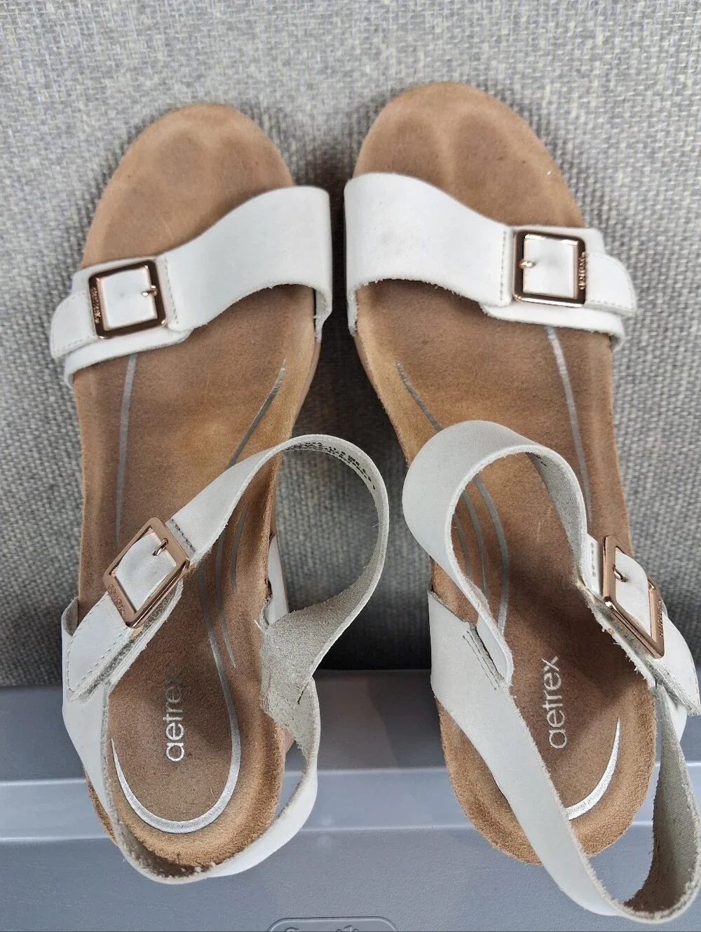 Aetrex Lexa Quarter Strap Cork Wedge Sandals Ivory Leather Built-in Orthotic